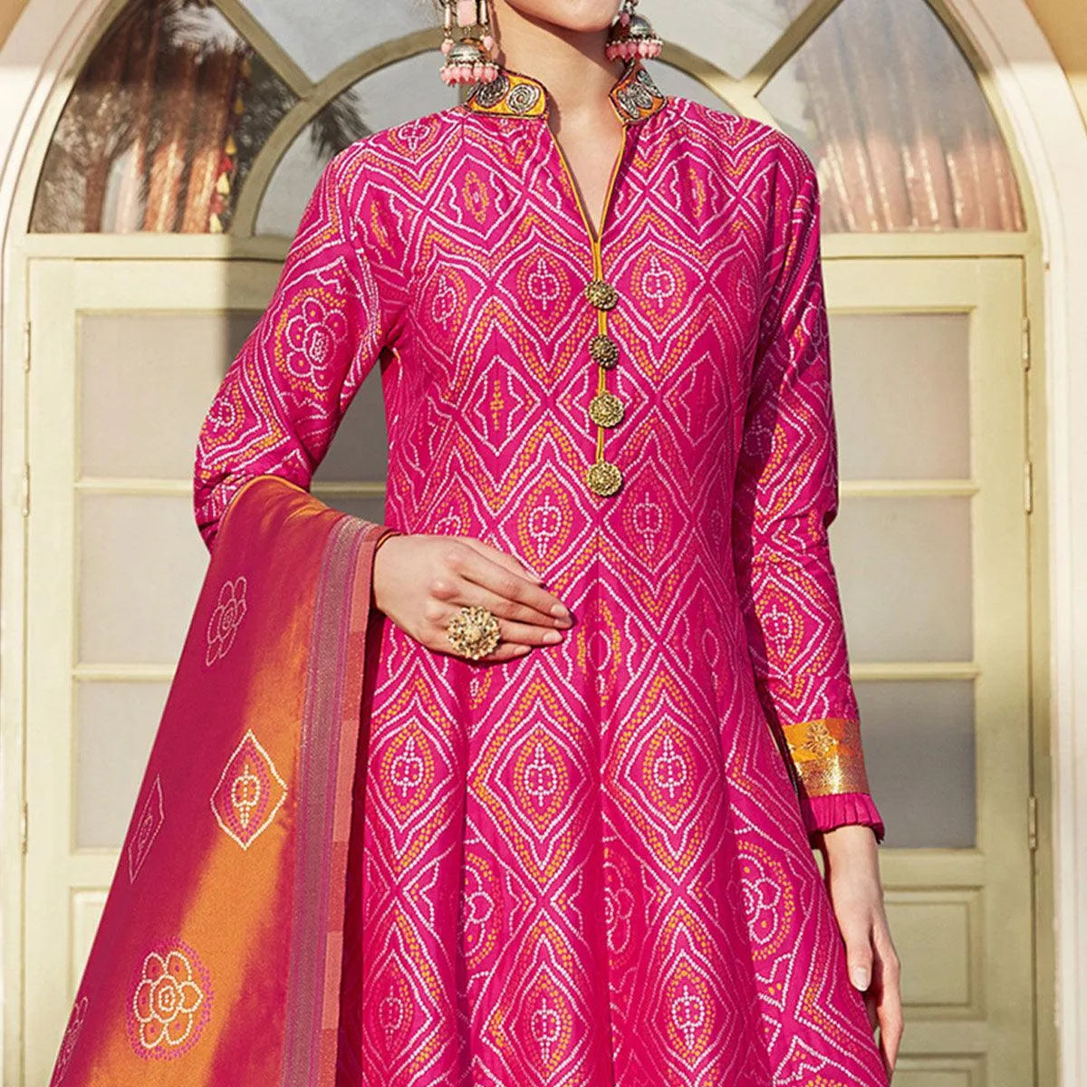 Adorable Pink Colored Partywear Designer Jacquard Weaving Salwar Suit