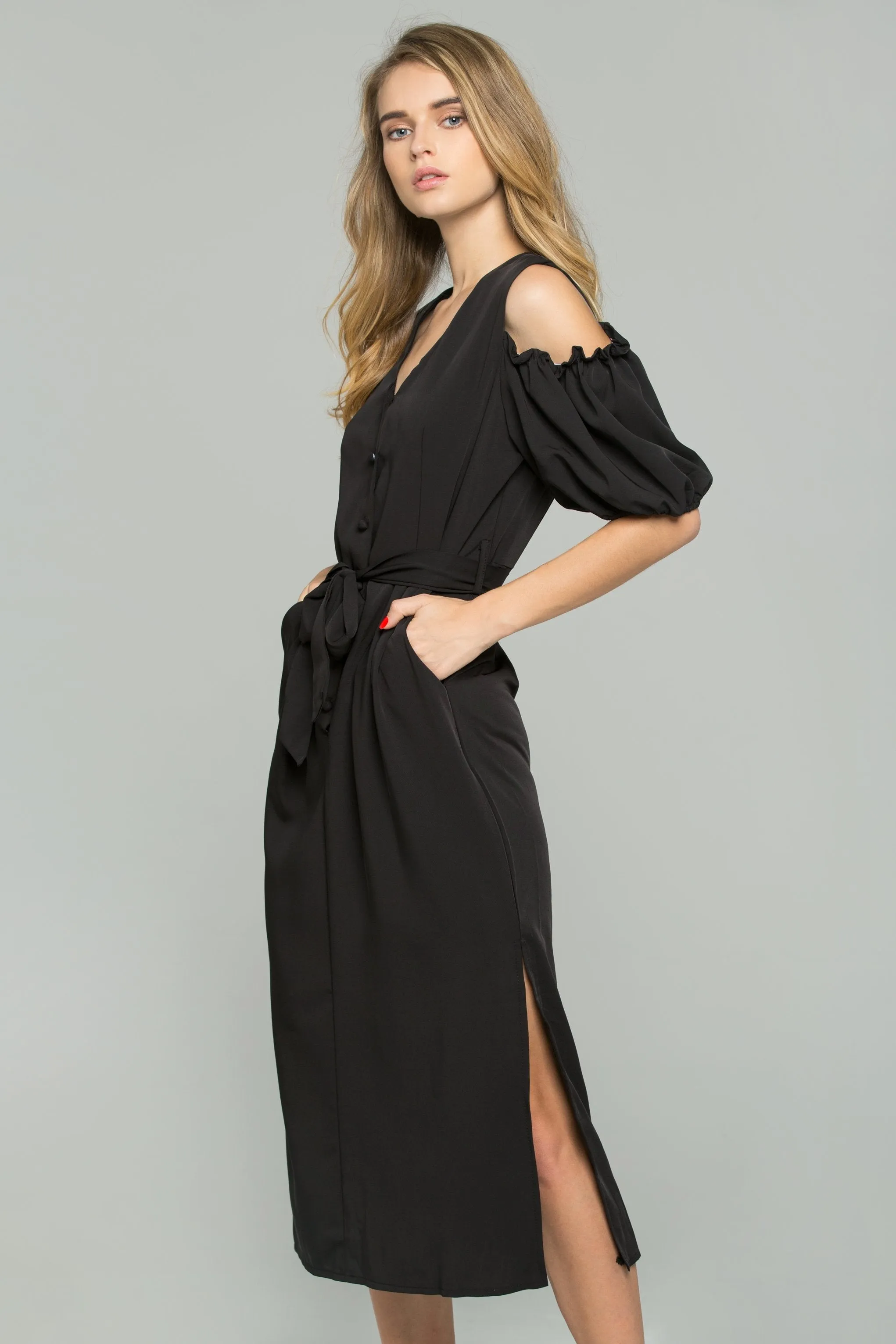 Black Cotton V-Neck Cold Shoulder Cinched Midi Dress