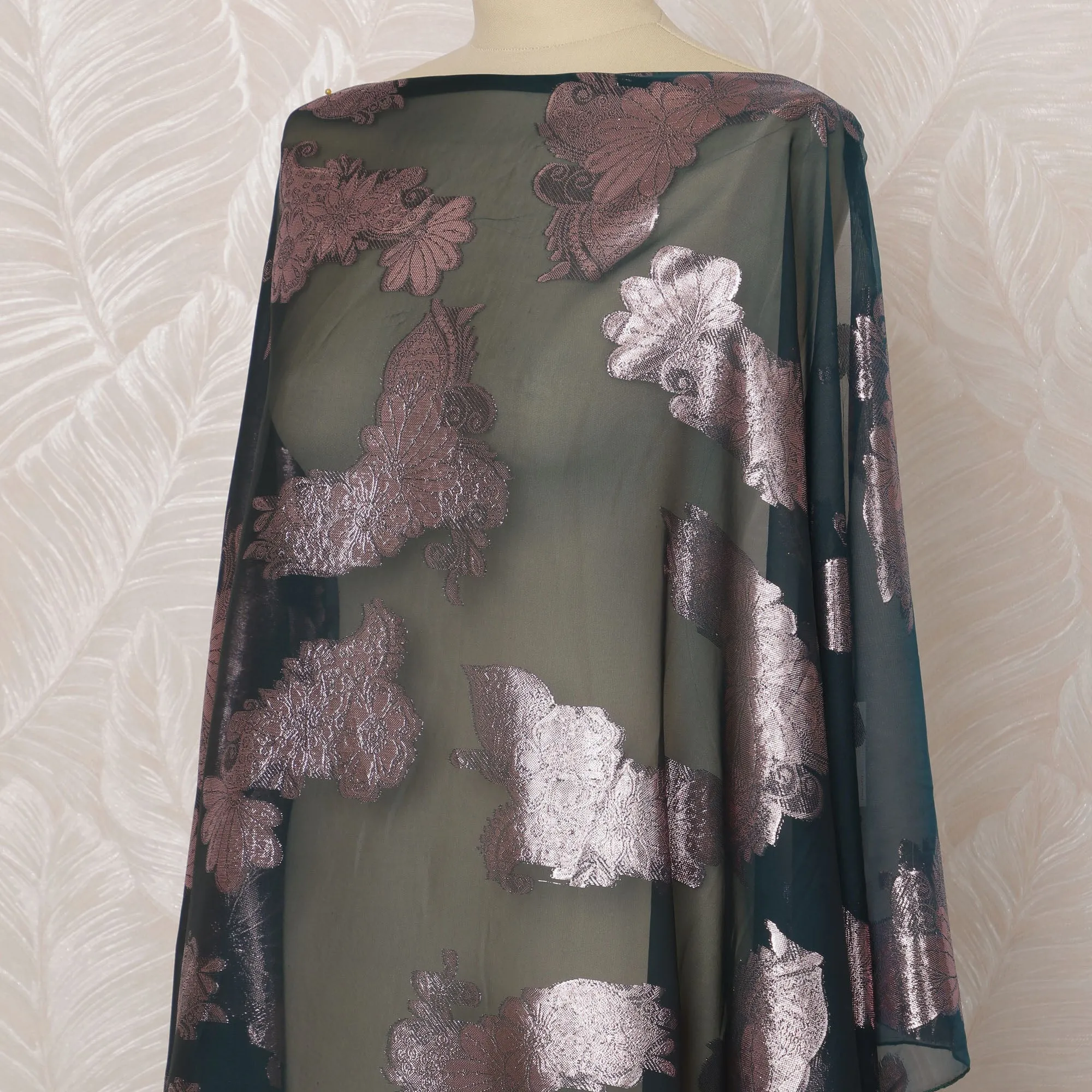 Dark Teal Floral French Silk (Fransawi) Chiffon Dirac Fabric with Metallic Lurex, 3.5 Meters, 140 cm Width-D20816