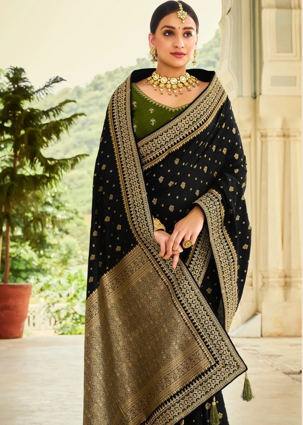 Ebony Black Woven Banarasi Silk Saree with Embroidered Blouse