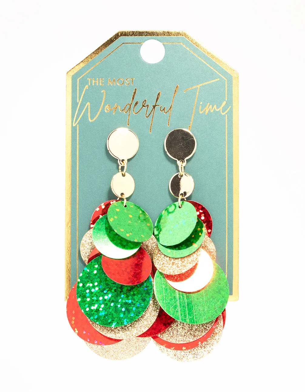 Green & Red Layered Sequin Discs Drop Earrings