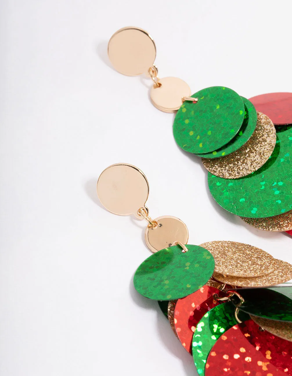 Green & Red Layered Sequin Discs Drop Earrings