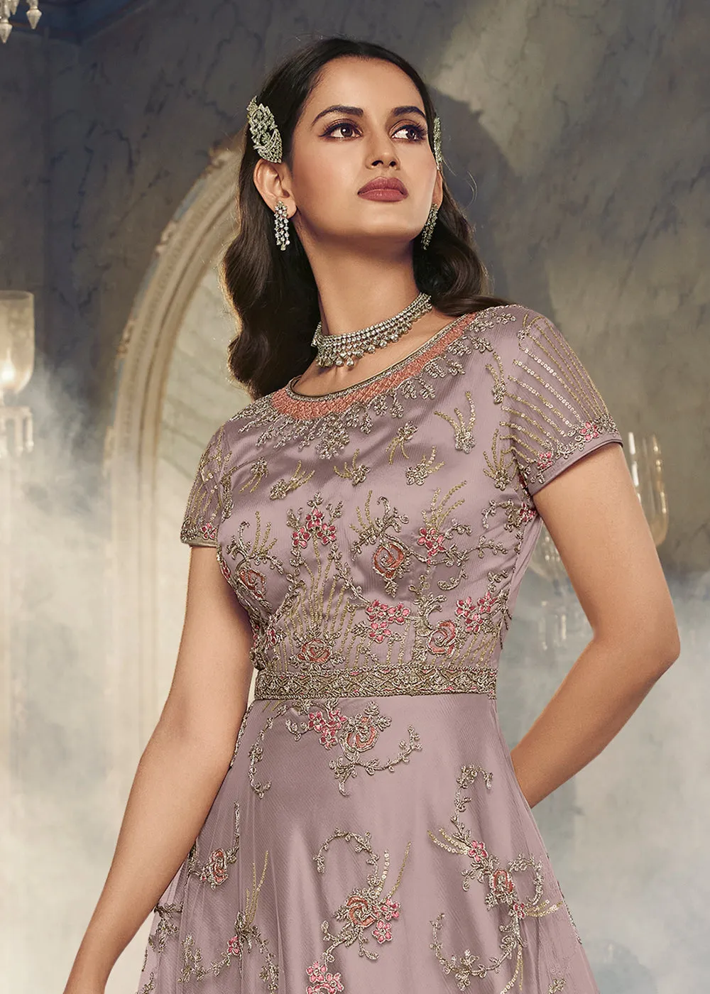 Light Mauve Wedding Party Net Designer Anarkali Suit