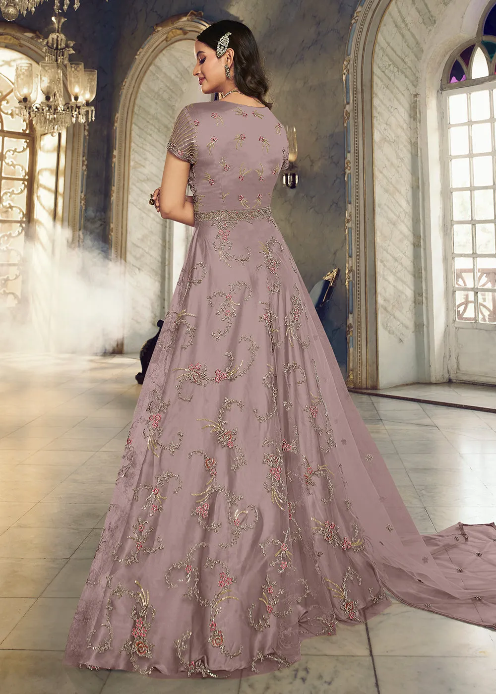 Light Mauve Wedding Party Net Designer Anarkali Suit
