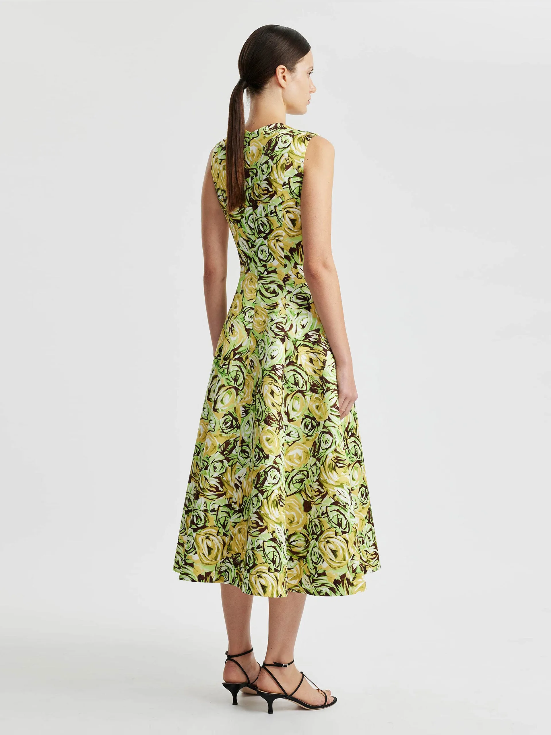 Madi dress in abstract green and lemon rose printed twill