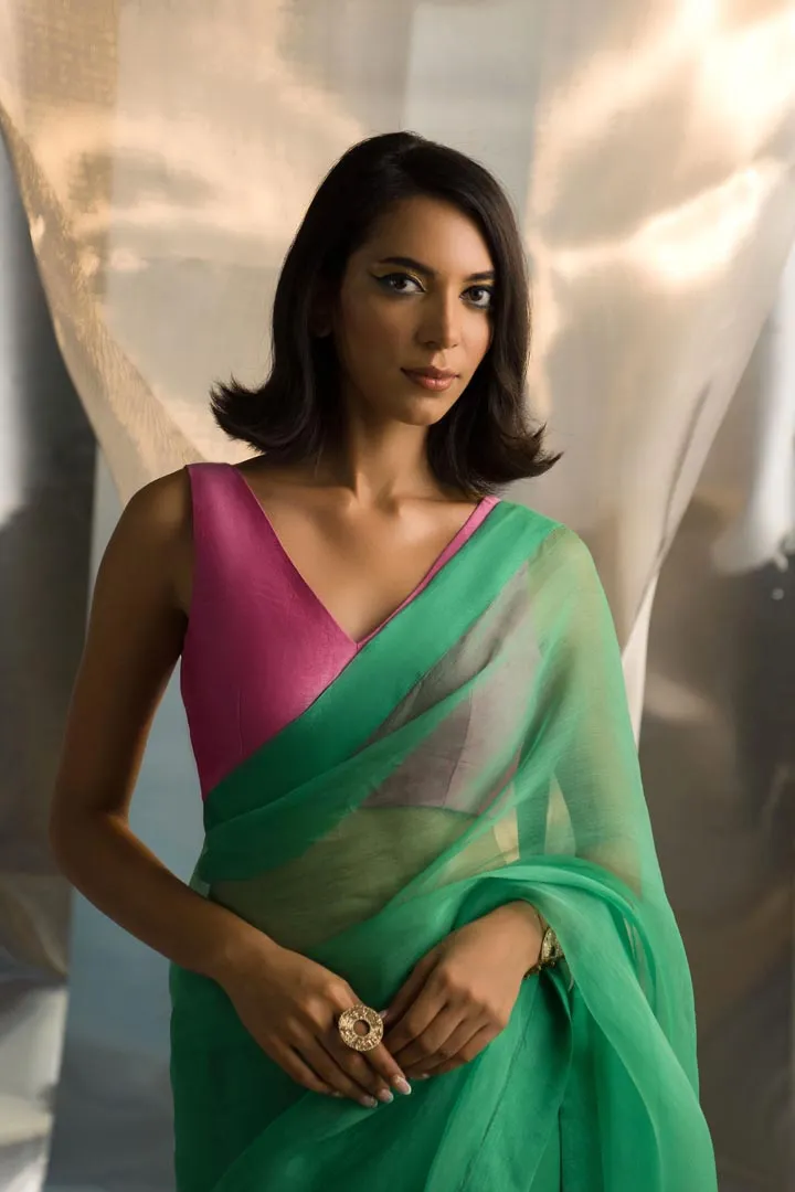 Mis'r Embroidered Organza Saree Sleeveless Contrast Blouse Set