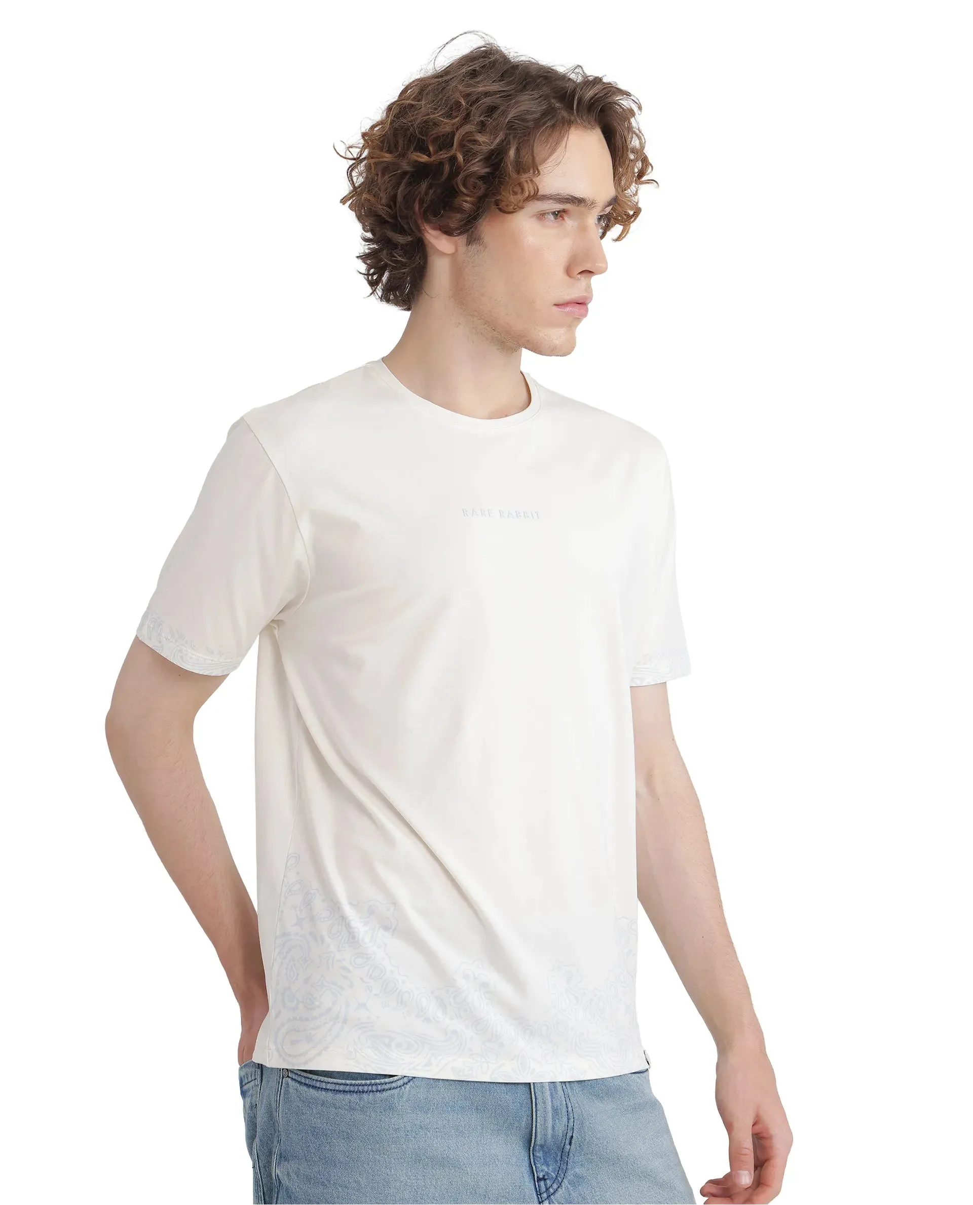 Rare Rabbit Men Malon Off White Cotton Blend Fabric Short Sleeve Crew Neck HD Print Branding T-Shirt