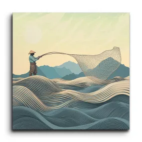 Serene Fisherman in Fluid Waves Art