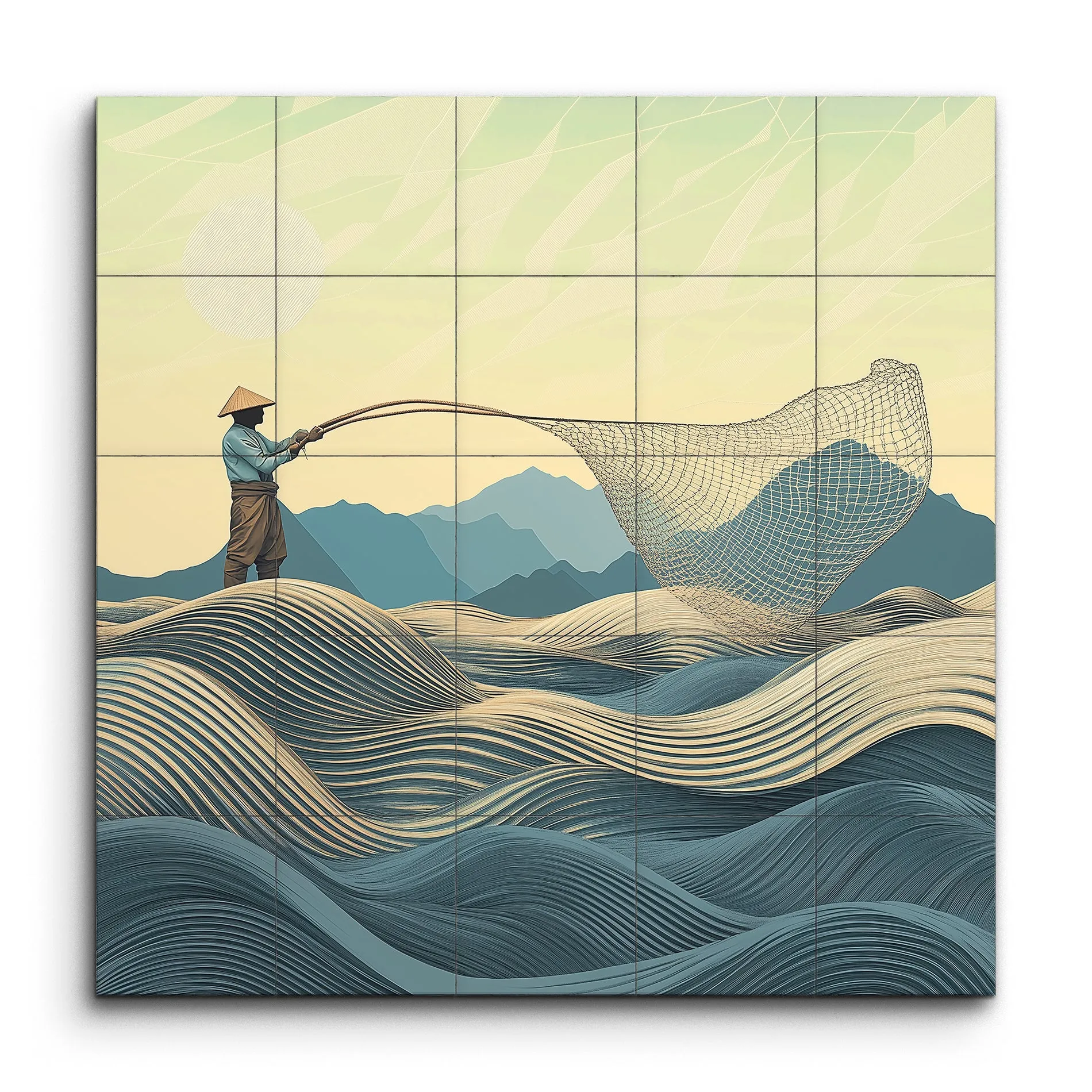 Serene Fisherman in Fluid Waves Art