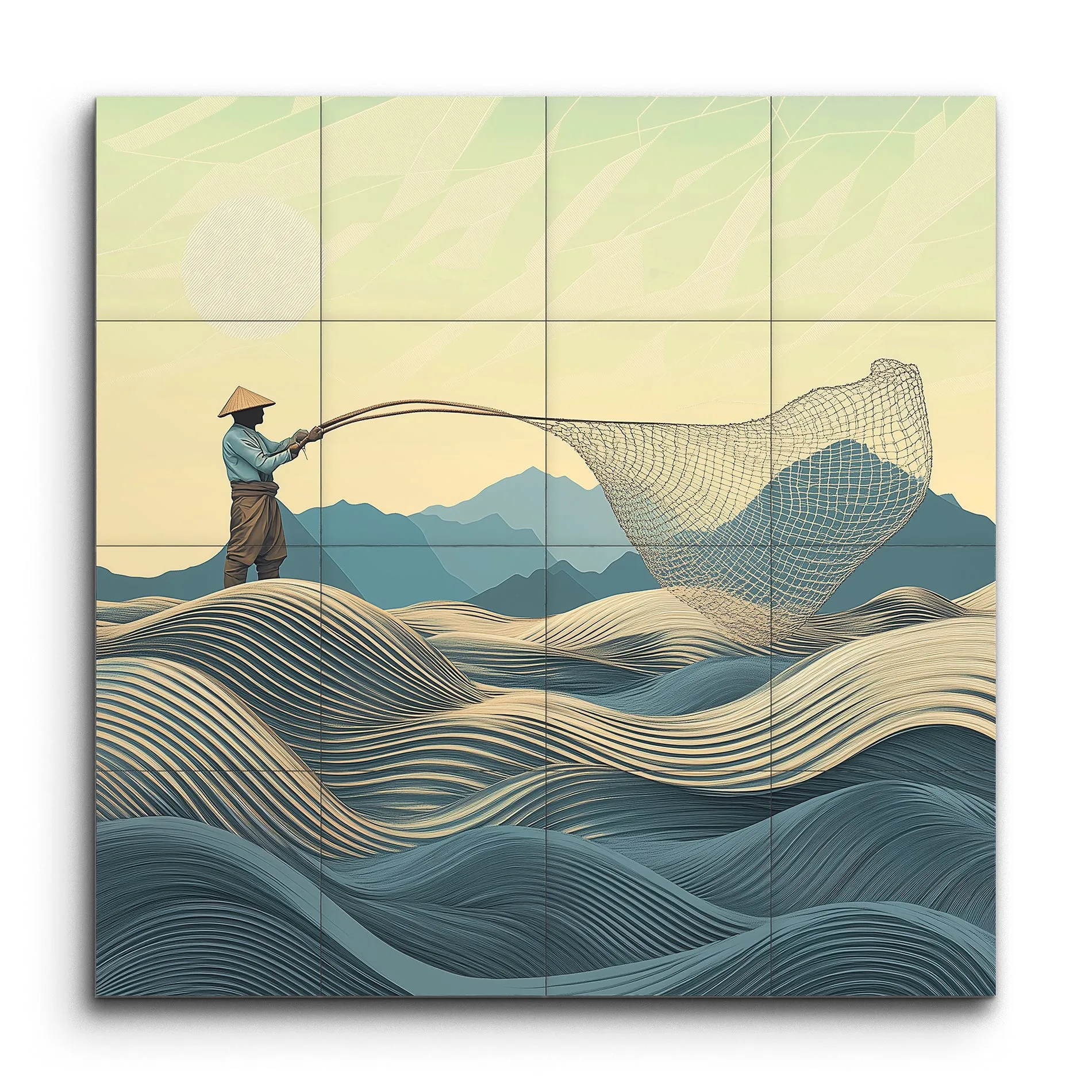 Serene Fisherman in Fluid Waves Art