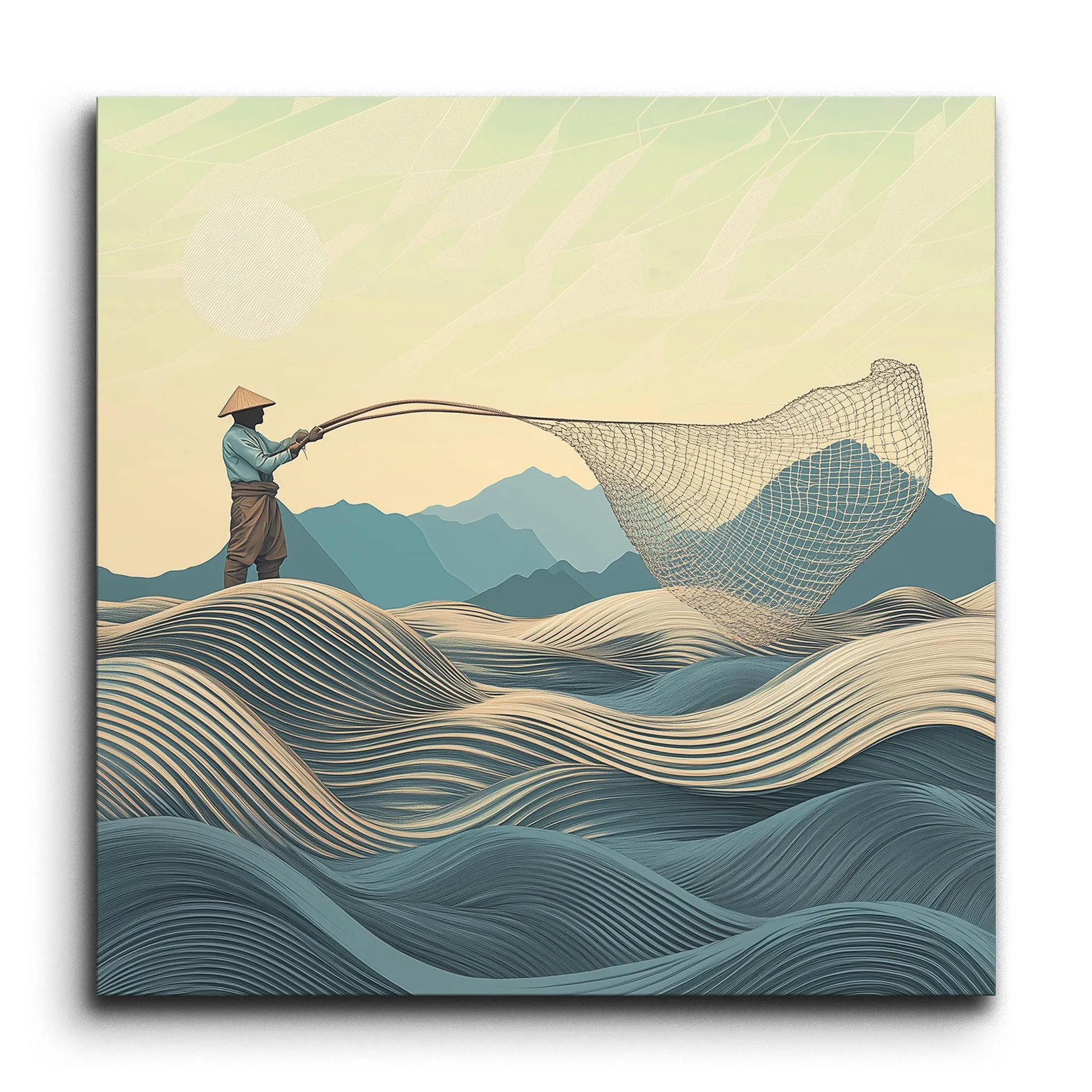 Serene Fisherman in Fluid Waves Art